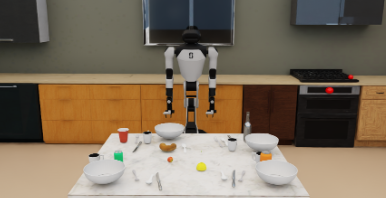 A mobile manipulator facing a dining table in the table-bussing simulation environment